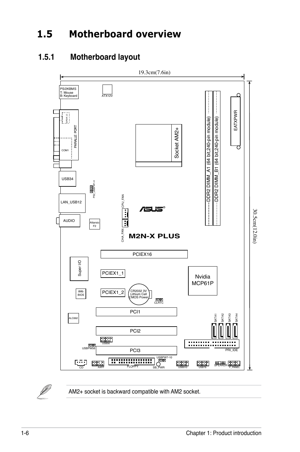 5 motherboard overview, 1 motherboard layout, 6 chapter 1: product introduction | M2n-x plus, Am2+ socket is backward compatible with am2 socket, Nvidia mcp61p, Socket am2 | Asus M2N-X PLUS User Manual | Page 18 / 90