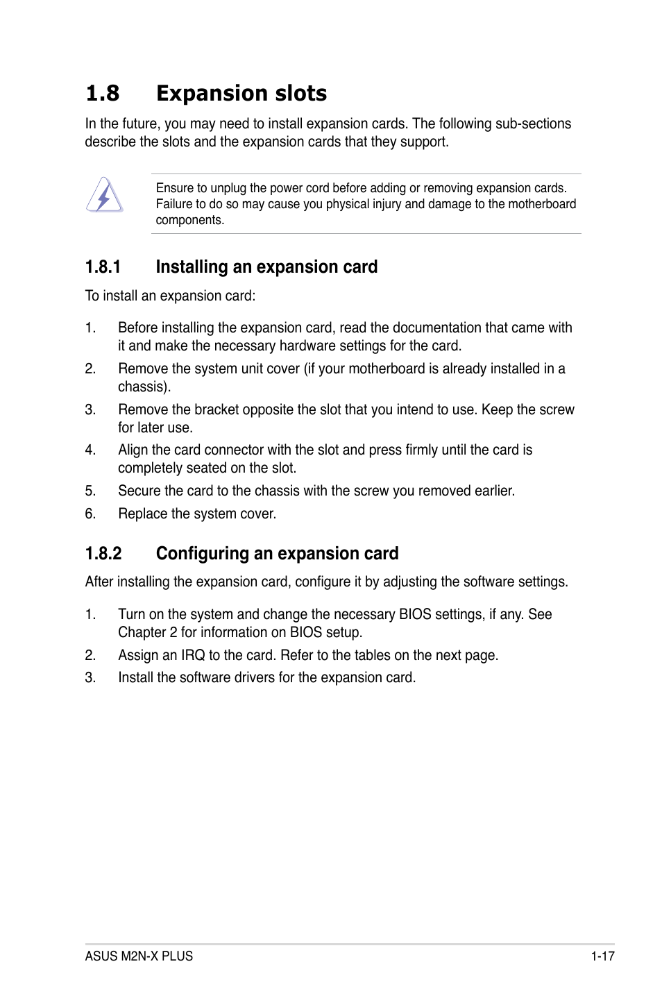 8 expansion slots, 1 installing an expansion card, 2 configuring an expansion card | Asus M2N-X PLUS User Manual | Page 29 / 90