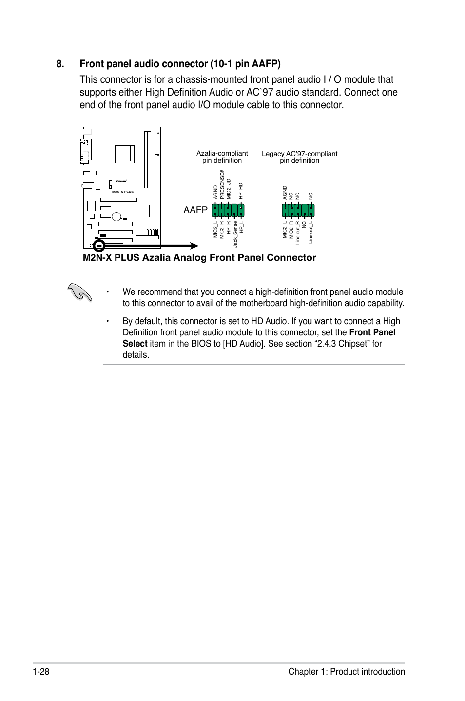 28 chapter 1: product introduction, M2n-x plus azalia analog front panel connector, Aafp | Asus M2N-X PLUS User Manual | Page 40 / 90