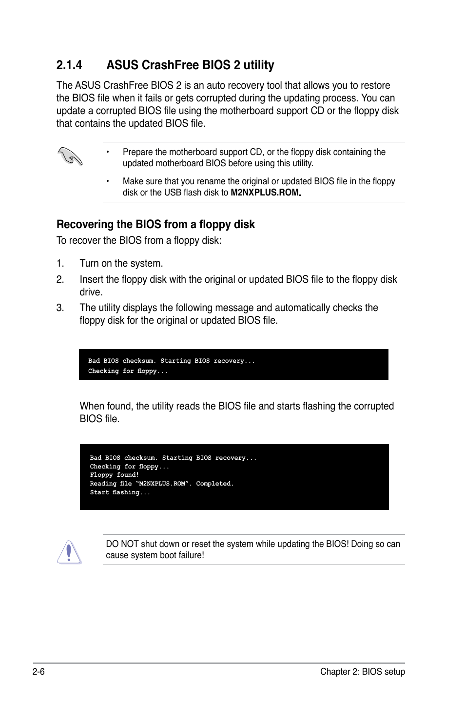 4 asus crashfree bios 2 utility, Recovering the bios from a floppy disk | Asus M2N-X PLUS User Manual | Page 48 / 90