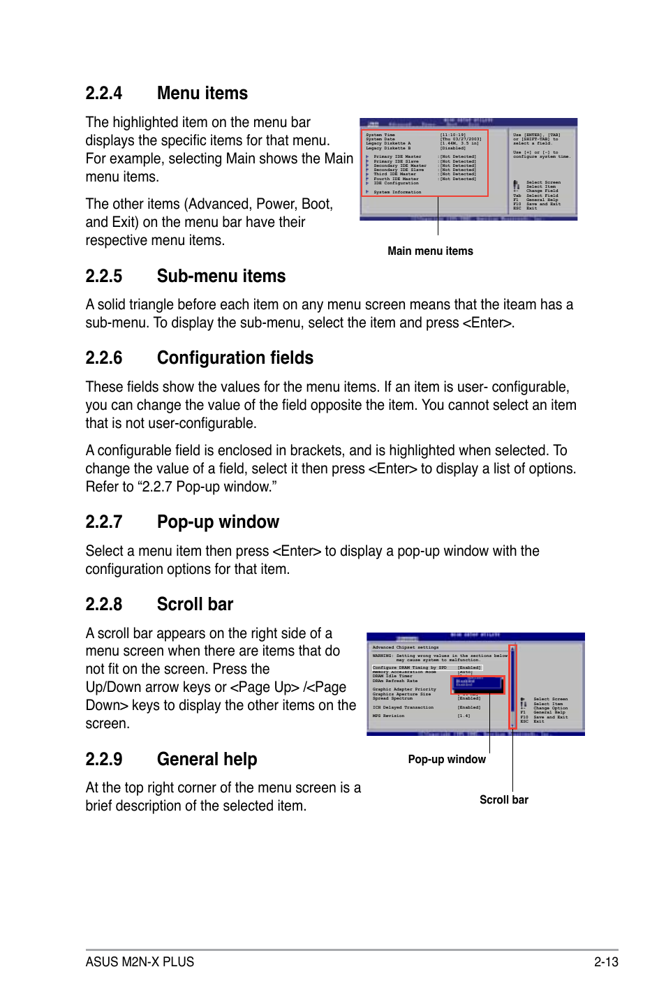 4 menu items, 5 sub-menu items, 6 configuration fields | 7 pop-up window, 8 scroll bar, 9 general help, Asus m2n-x plus 2-13 | Asus M2N-X PLUS User Manual | Page 55 / 90