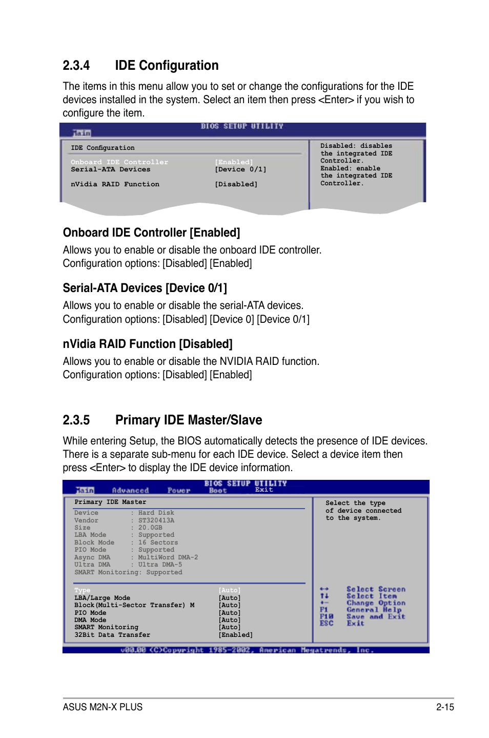 4 ide configuration, 5 primary ide master/slave, Onboard ide controller [enabled | Serial-ata devices [device 0/1, Nvidia raid function [disabled | Asus M2N-X PLUS User Manual | Page 57 / 90