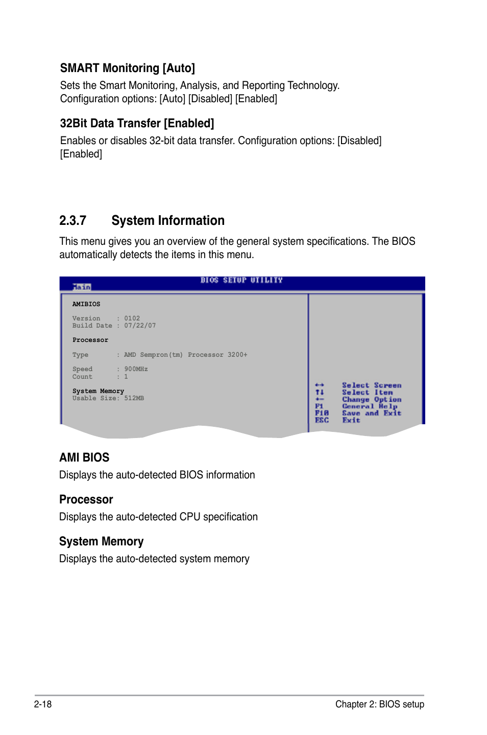 7 system information, Smart monitoring [auto, 32bit data transfer [enabled | Ami bios, Processor | Asus M2N-X PLUS User Manual | Page 60 / 90