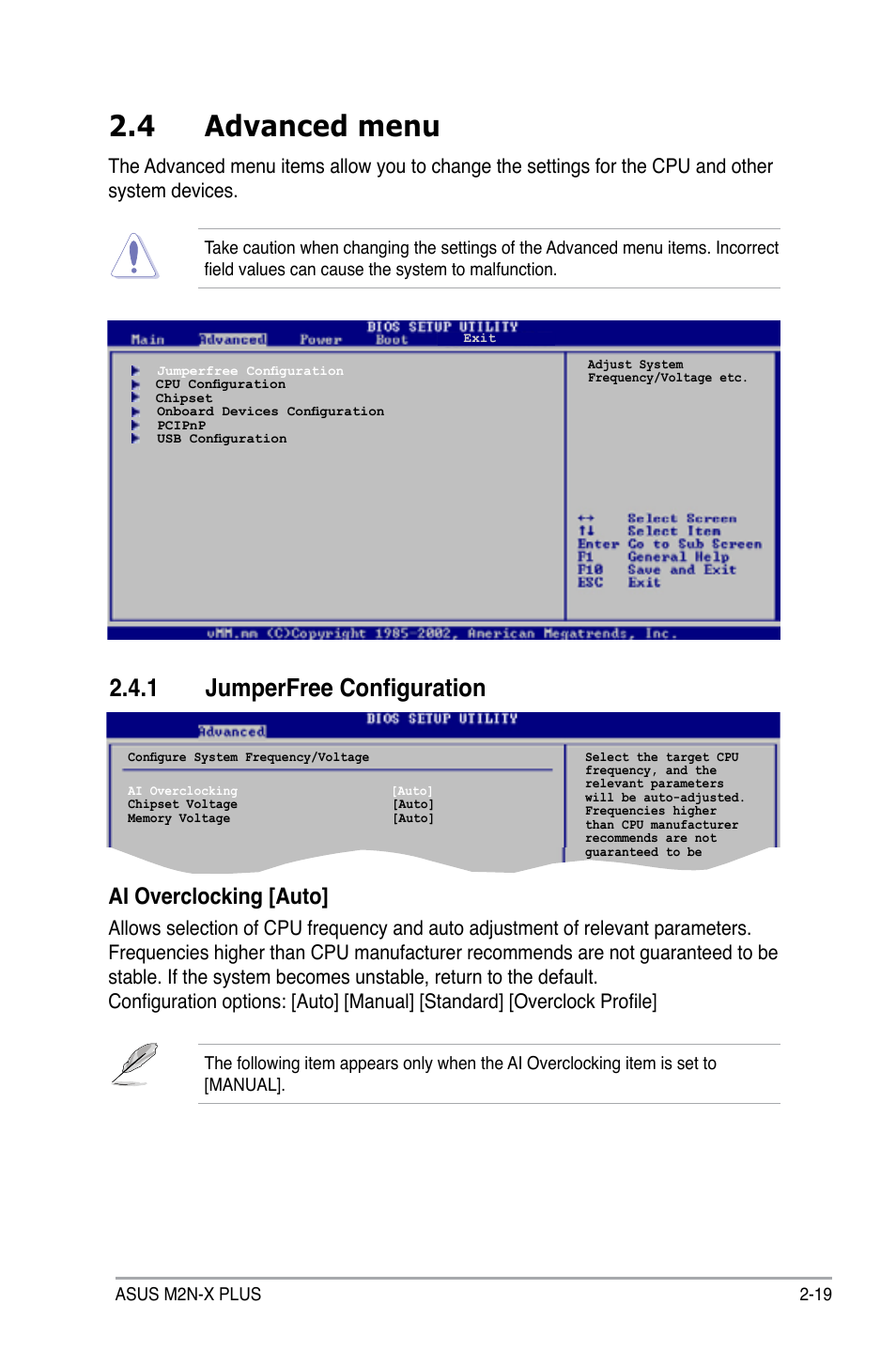 4 advanced menu, 1 jumperfree configuration, Ai overclocking [auto | Asus M2N-X PLUS User Manual | Page 61 / 90