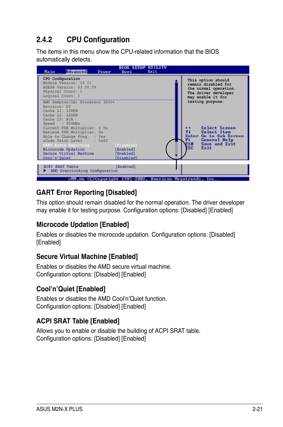 2 cpu configuration, Gart error reporting [disabled, Microcode updation [enabled | Secure virtual machine [enabled, Cool’n’quiet [enabled, Acpi srat table [enabled | Asus M2N-X PLUS User Manual | Page 63 / 90