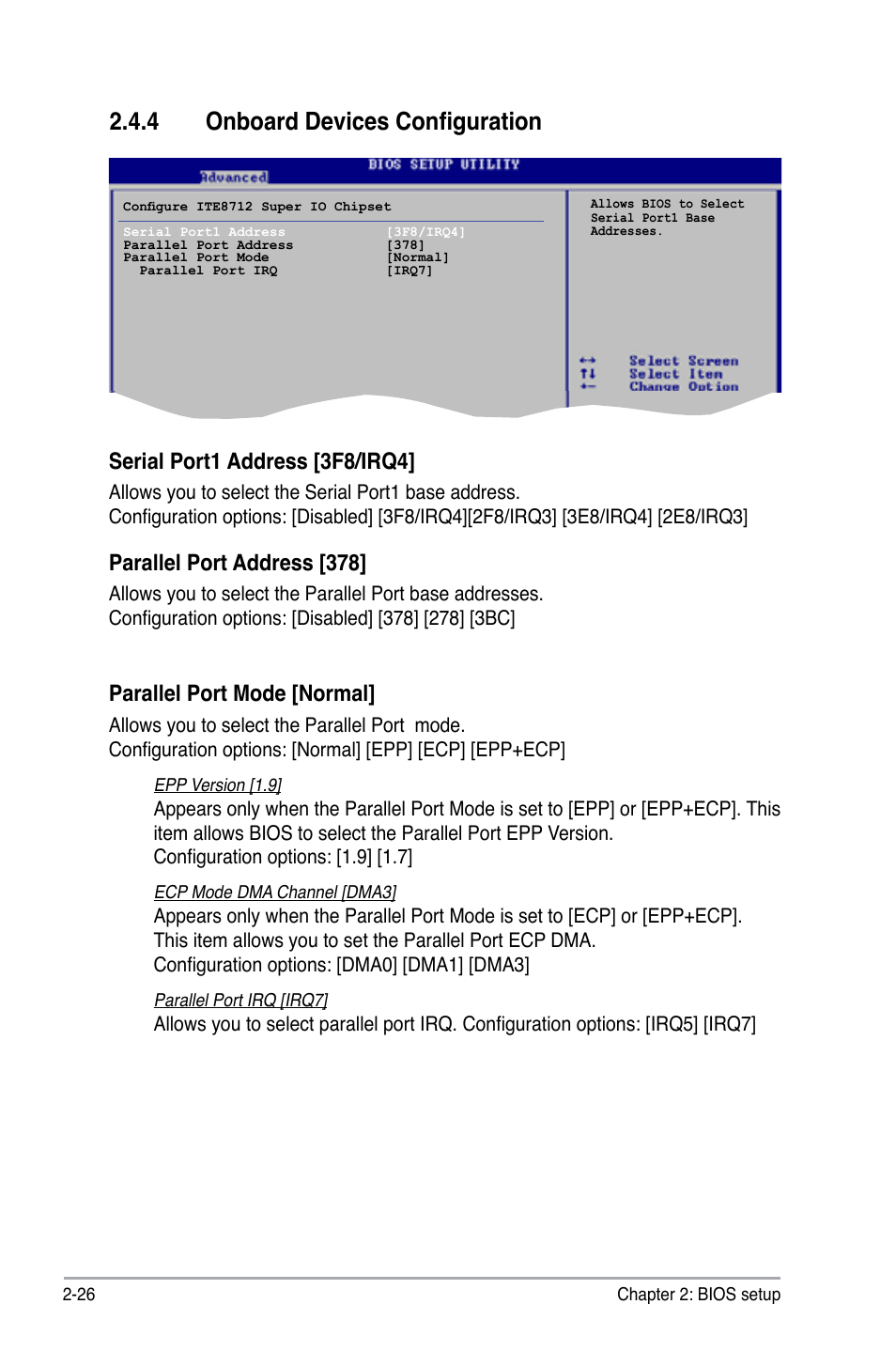 4 onboard devices configuration, Serial port1 address [3f8/irq4, Parallel port address [378 | Parallel port mode [normal | Asus M2N-X PLUS User Manual | Page 68 / 90