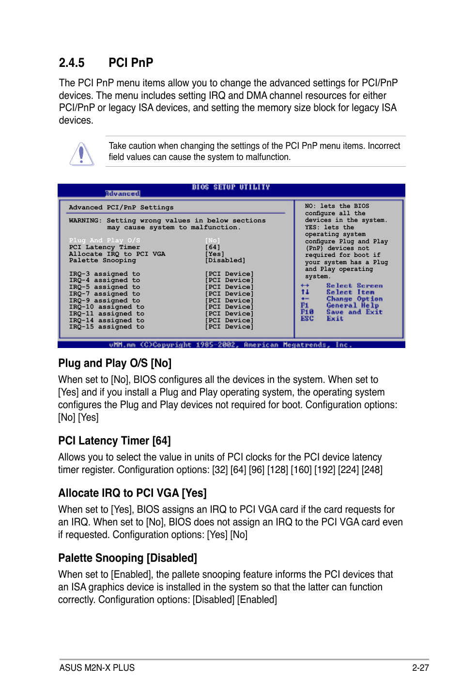 5 pci pnp, Plug and play o/s [no, Pci latency timer [64 | Allocate irq to pci vga [yes, Palette snooping [disabled | Asus M2N-X PLUS User Manual | Page 69 / 90