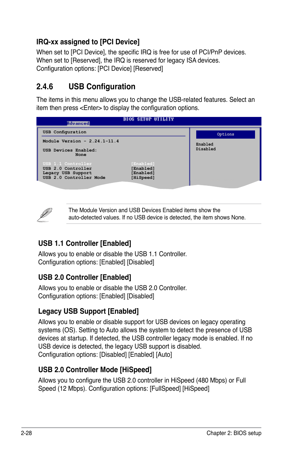 6 usb configuration, Usb 1.1 controller [enabled, Usb 2.0 controller [enabled | Legacy usb support [enabled, Usb 2.0 controller mode [hispeed, Irq-xx assigned to [pci device | Asus M2N-X PLUS User Manual | Page 70 / 90