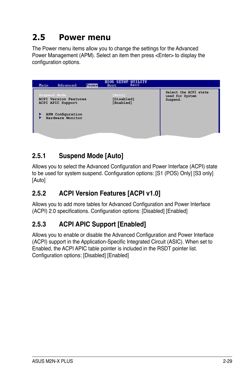 5 power menu, 1 suspend mode [auto, 2 acpi version features [acpi v1.0 | 3 acpi apic support [enabled | Asus M2N-X PLUS User Manual | Page 71 / 90