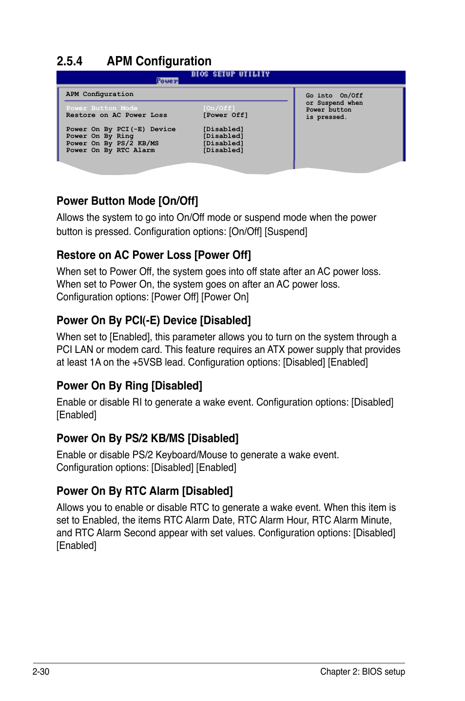 4 apm configuration, Power button mode [on/off, Restore on ac power loss [power off | Power on by pci(-e) device [disabled, Power on by ring [disabled, Power on by ps/2 kb/ms [disabled, Power on by rtc alarm [disabled | Asus M2N-X PLUS User Manual | Page 72 / 90