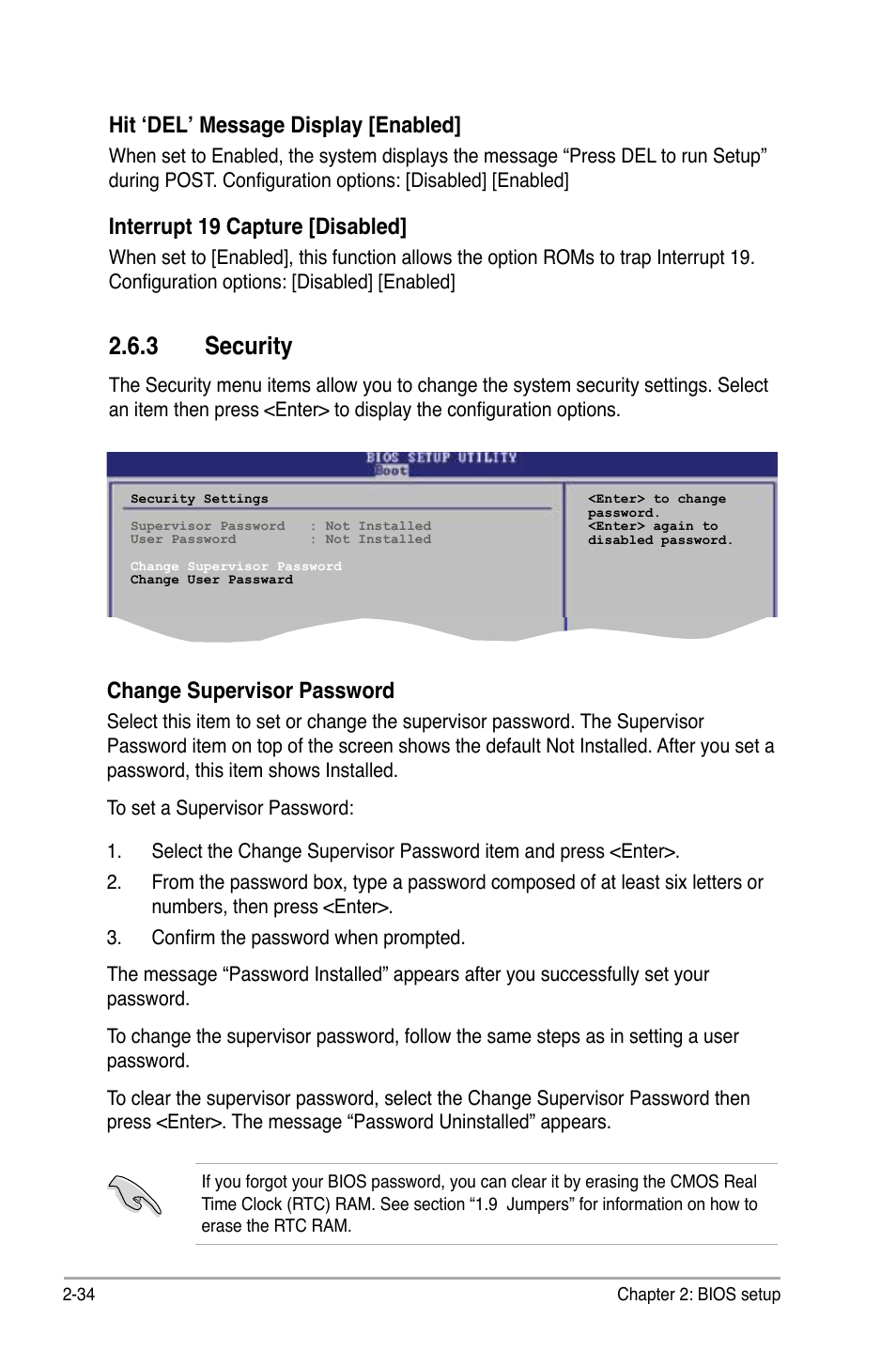 3 security, Hit ‘del’ message display [enabled, Interrupt 19 capture [disabled | Change supervisor password | Asus M2N-X PLUS User Manual | Page 76 / 90