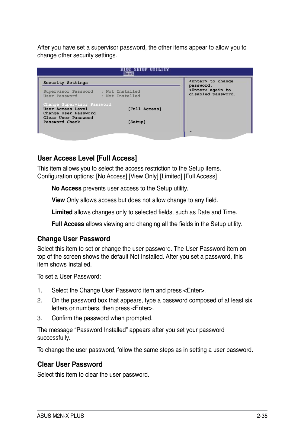 User access level [full access, Change user password, Clear user password | Select this item to clear the user password | Asus M2N-X PLUS User Manual | Page 77 / 90