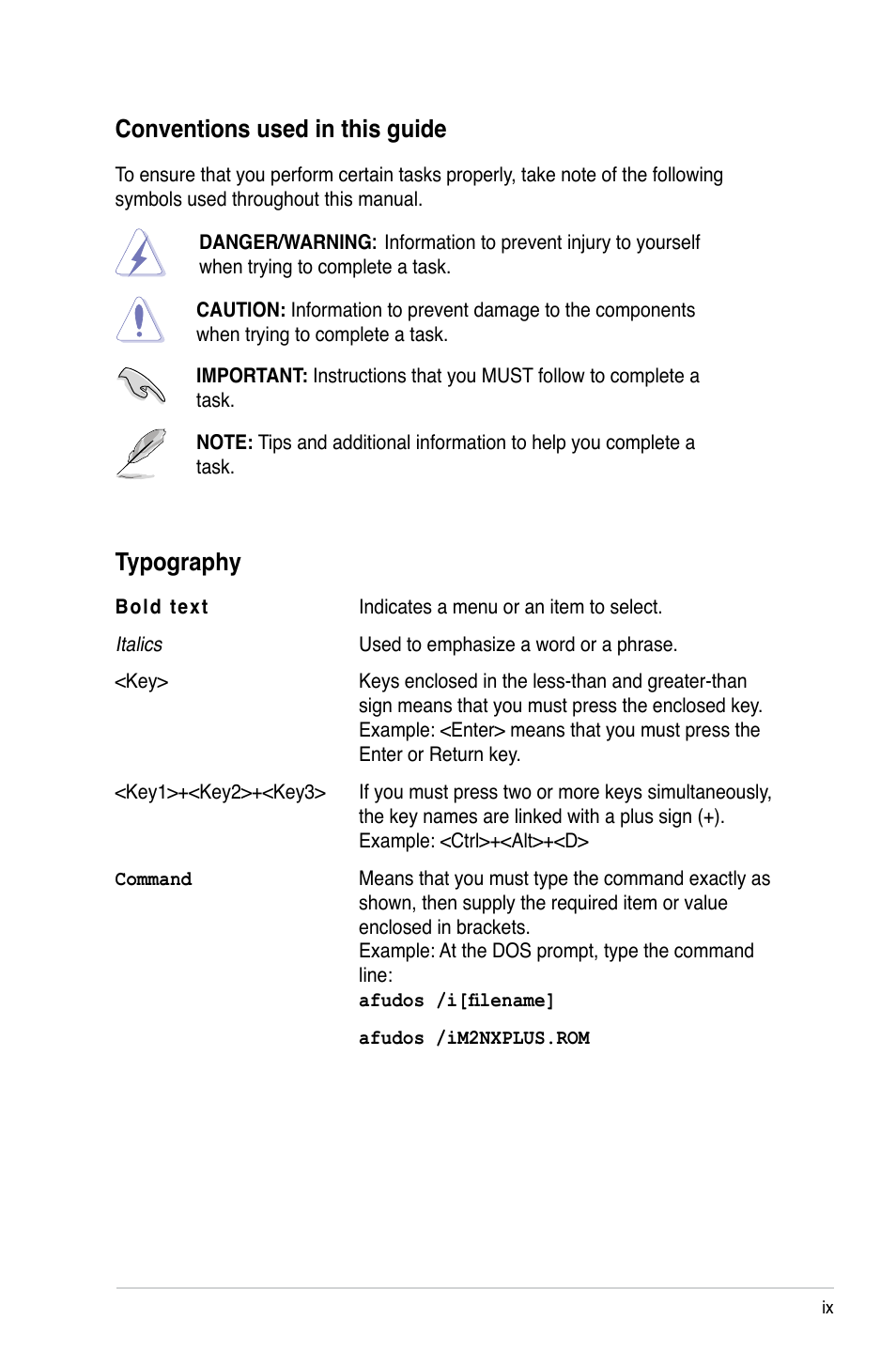 Conventions used in this guide, Typography | Asus M2N-X PLUS User Manual | Page 9 / 90