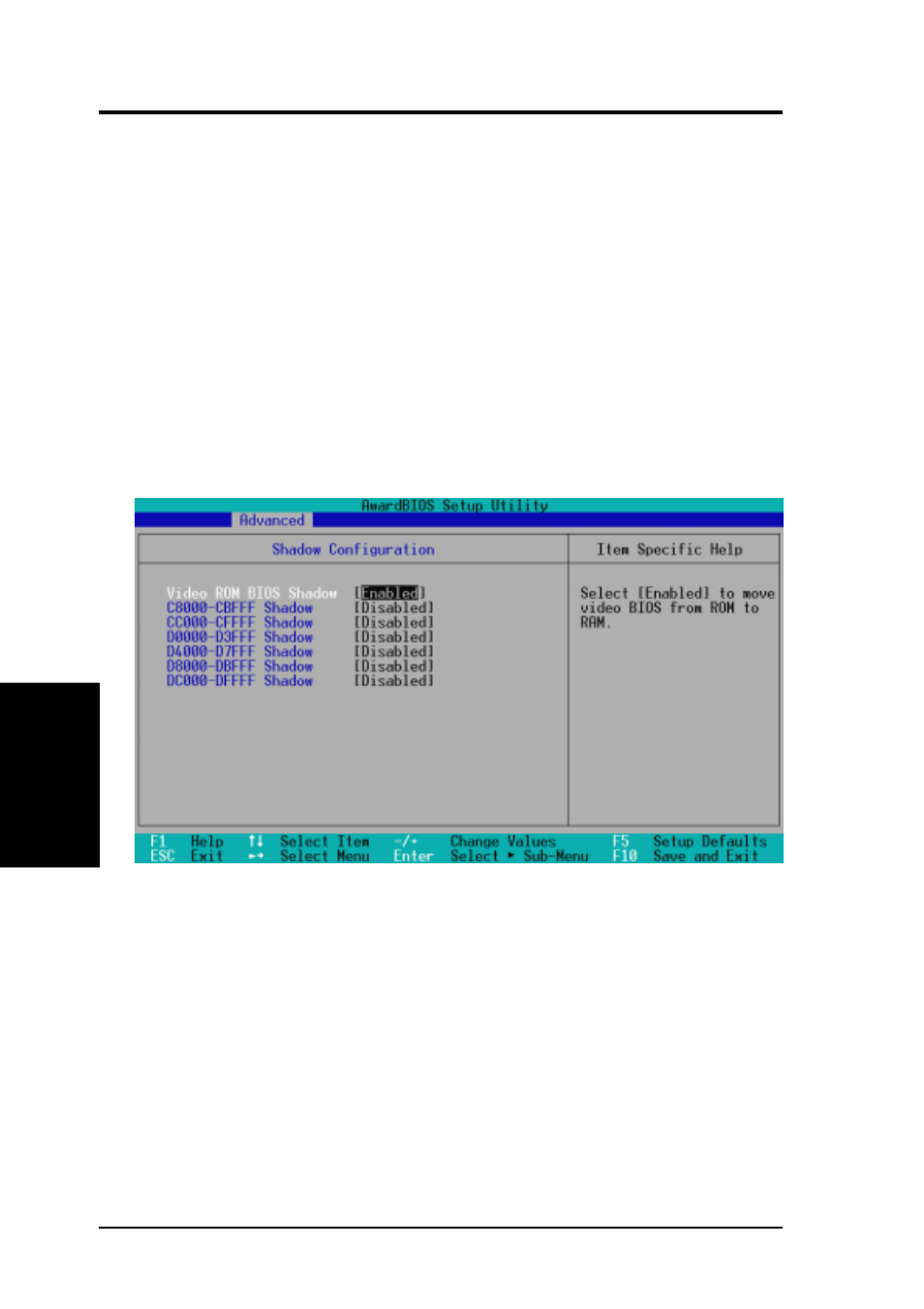 Bios setup, 4 shadow configuration | Asus CUV4X-D User Manual | Page 66 / 92