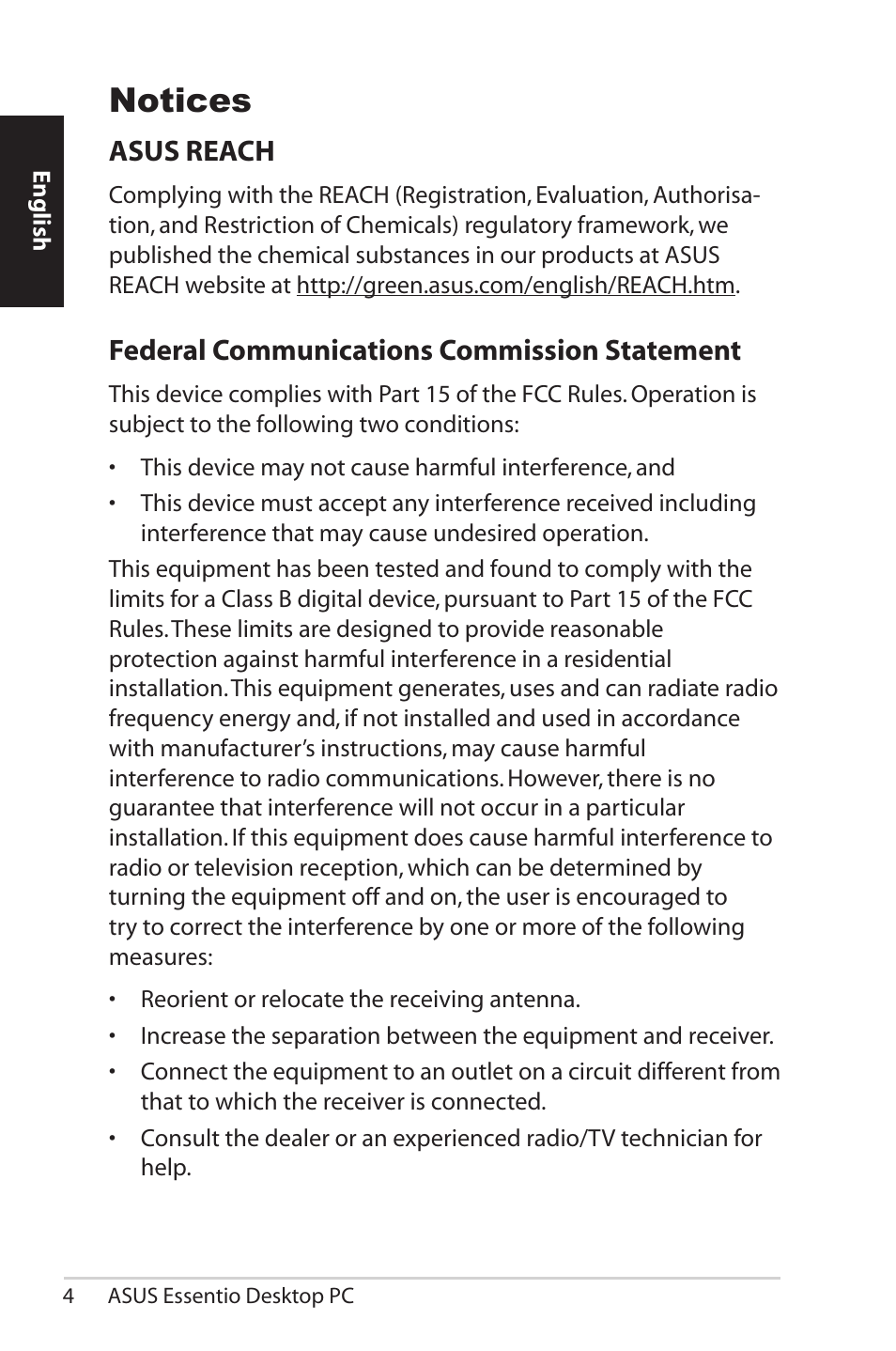 Notices, Asus reach, Federal communications commission statement | Asus CM1525 User Manual | Page 4 / 104