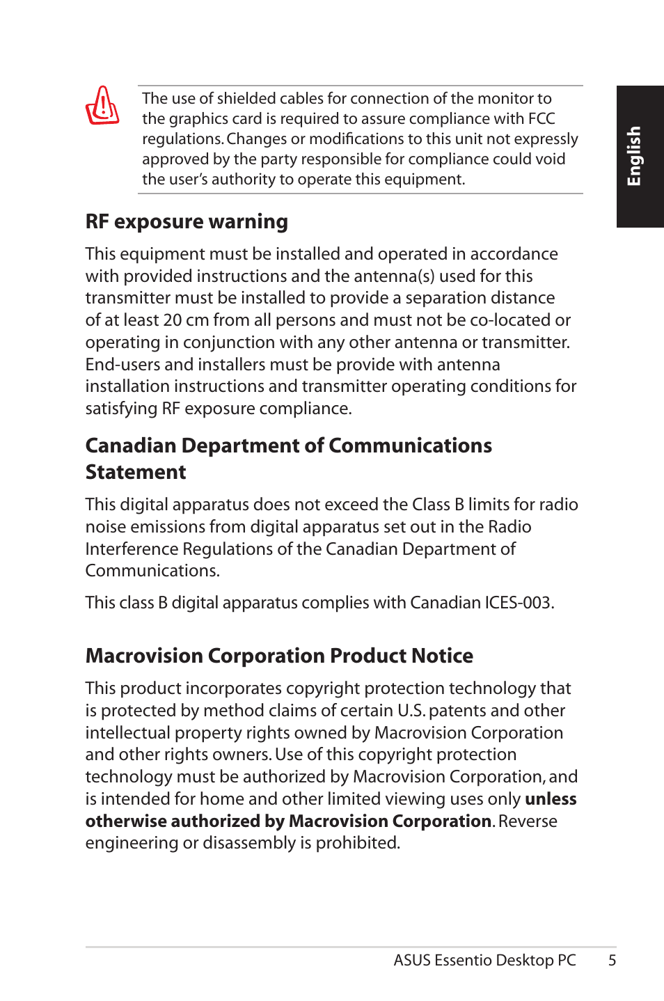 Canadian department of communications statement, Macrovision corporation product notice, Rf exposure warning | Asus CM1525 User Manual | Page 5 / 104