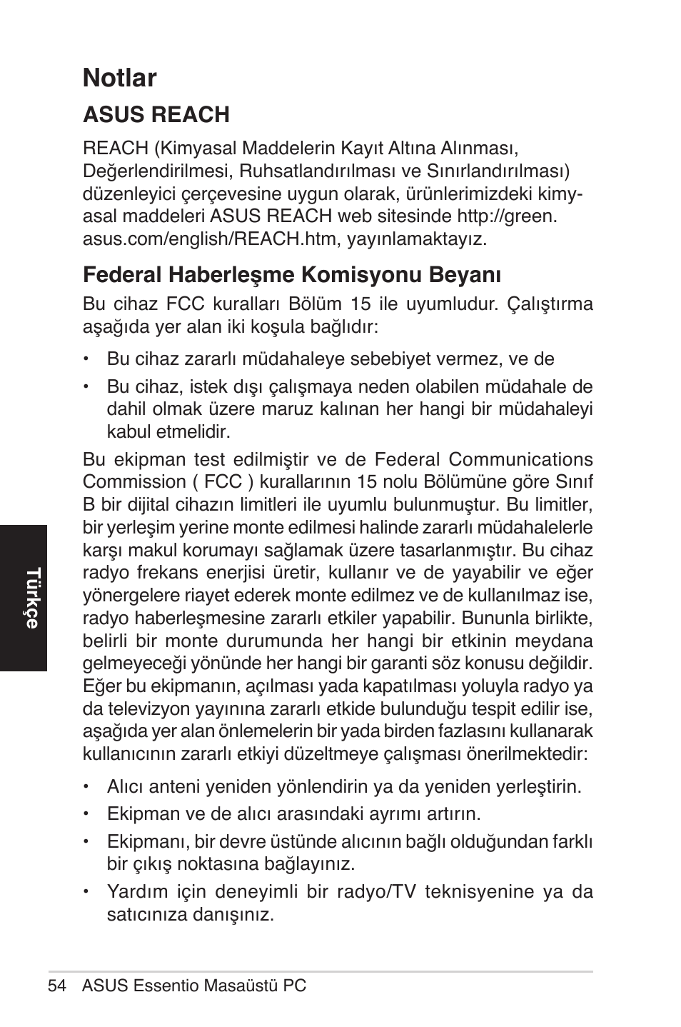 Notlar, Federal haberleşme komisyonu beyanı, Asus reach | Asus CM1525 User Manual | Page 54 / 104