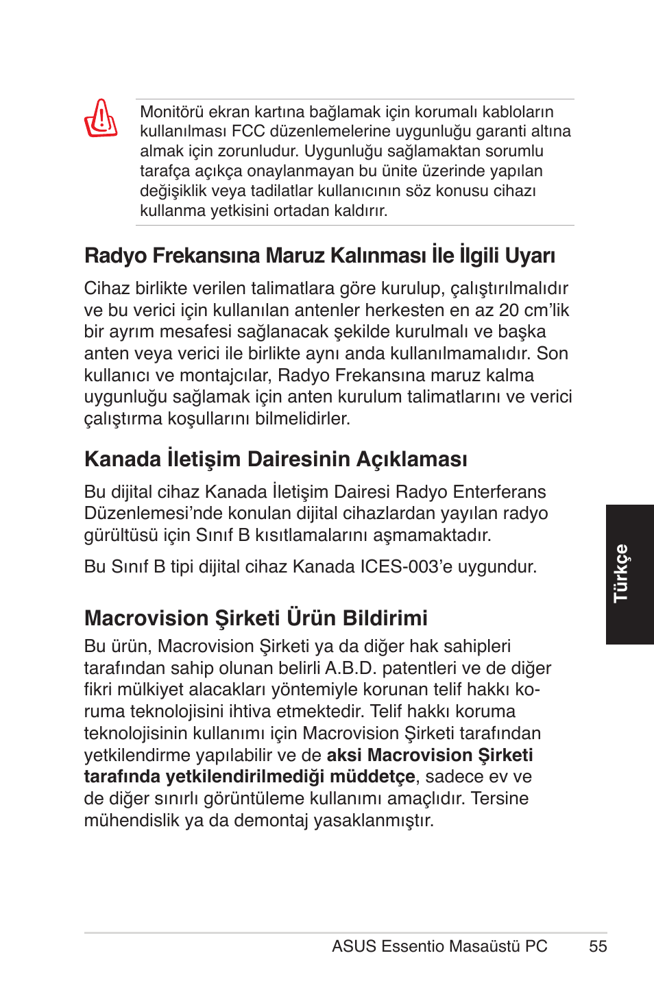 Kanada iletişim dairesinin açıklaması, Macrovision şirketi ürün bildirimi, Radyo frekansına maruz kalınması ile ilgili uyarı | Asus CM1525 User Manual | Page 55 / 104