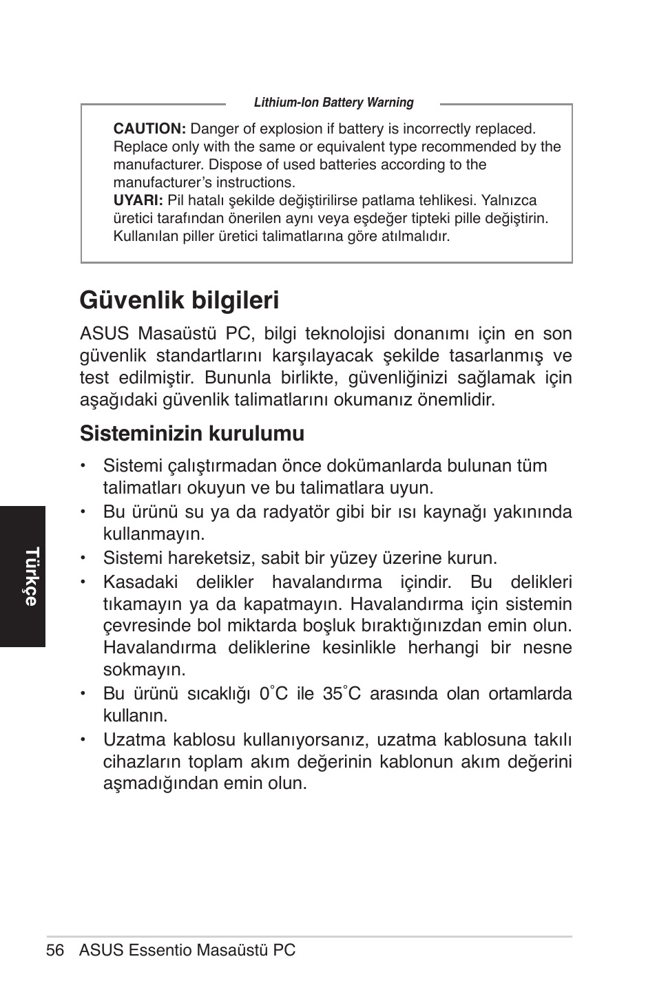 Güvenlik bilgileri, Sisteminizin kurulumu | Asus CM1525 User Manual | Page 56 / 104