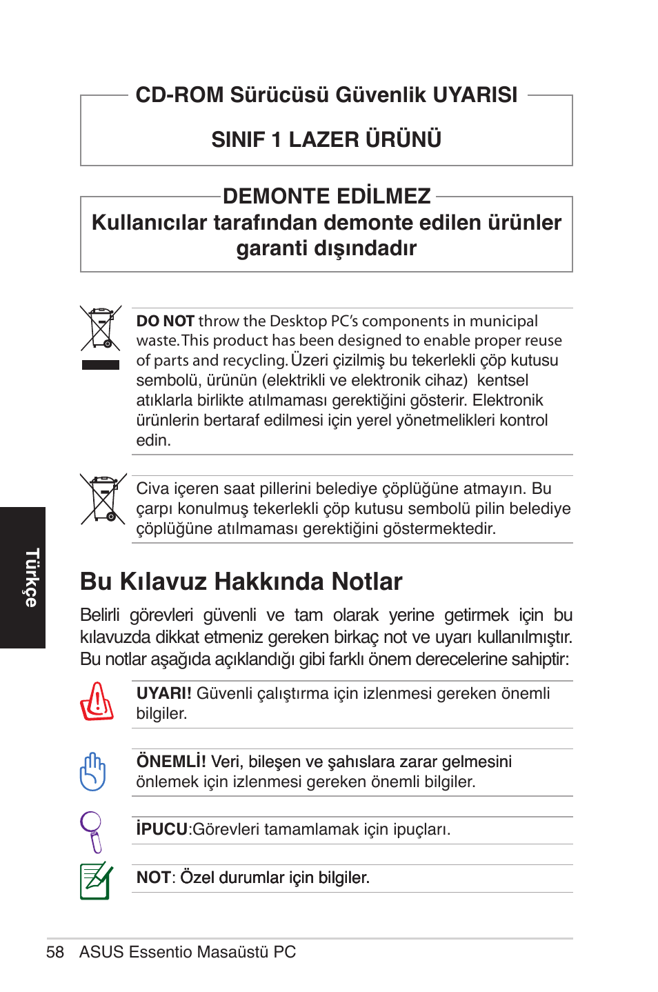 Bu kılavuz hakkında notlar | Asus CM1525 User Manual | Page 58 / 104