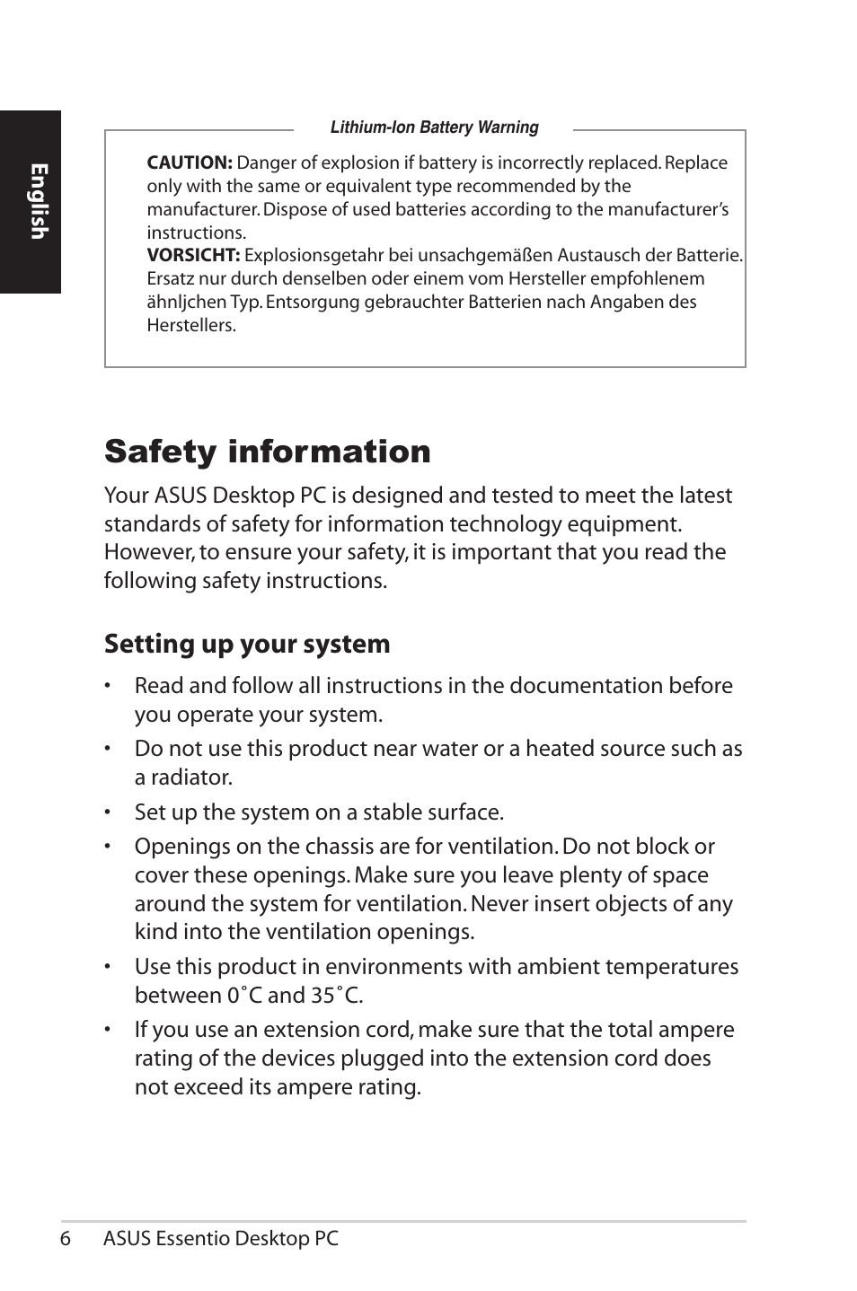 Safety information, Setting up your system | Asus CM1525 User Manual | Page 6 / 104