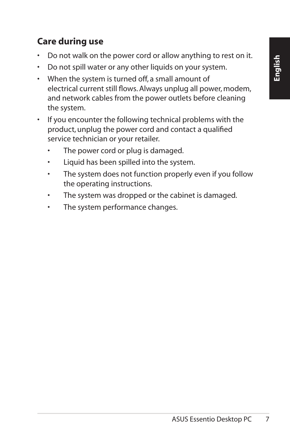 Care during use | Asus CM1525 User Manual | Page 7 / 104