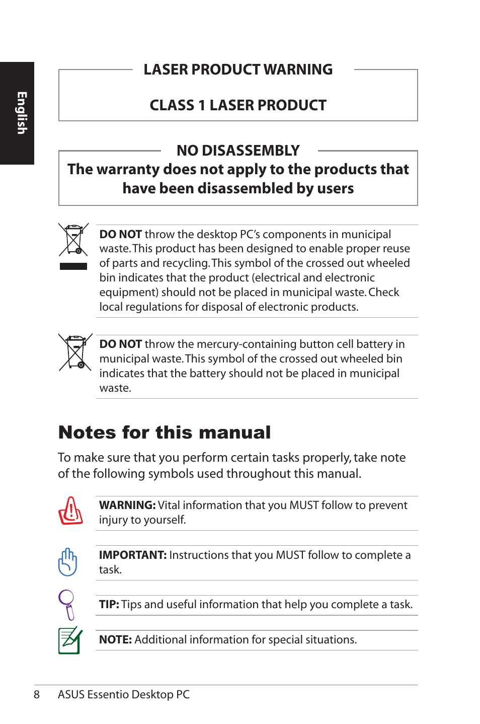 Notes for this manual | Asus CM1525 User Manual | Page 8 / 104