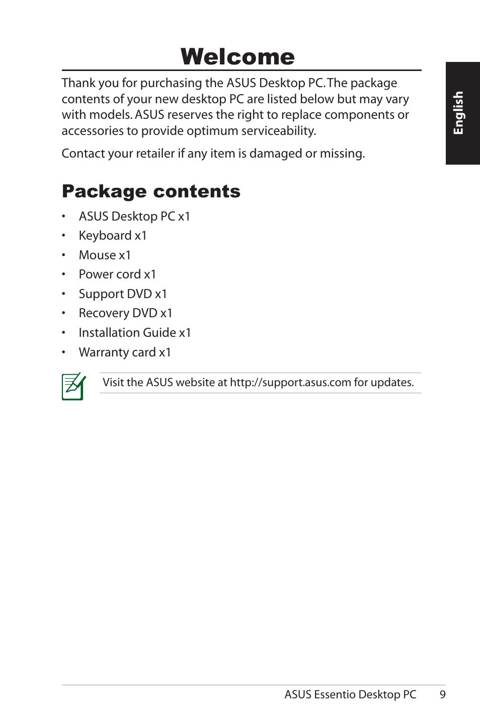 Welcome, Package contents | Asus CM1525 User Manual | Page 9 / 104