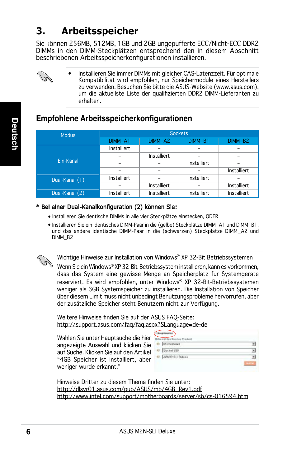 Arbeitsspeicher, Deutsch, Empfohlene arbeitsspeicherkonfigurationen | Asus M2N-SLI Deluxe User Manual | Page 10 / 41