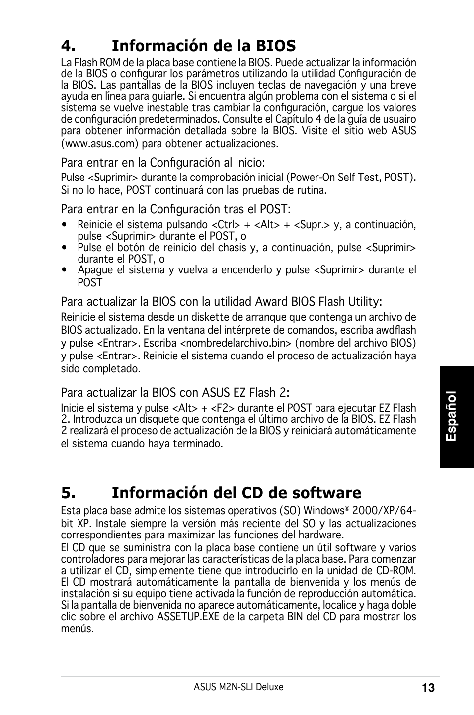 Información de la bios, Información del cd de software, Español | Asus M2N-SLI Deluxe User Manual | Page 17 / 41