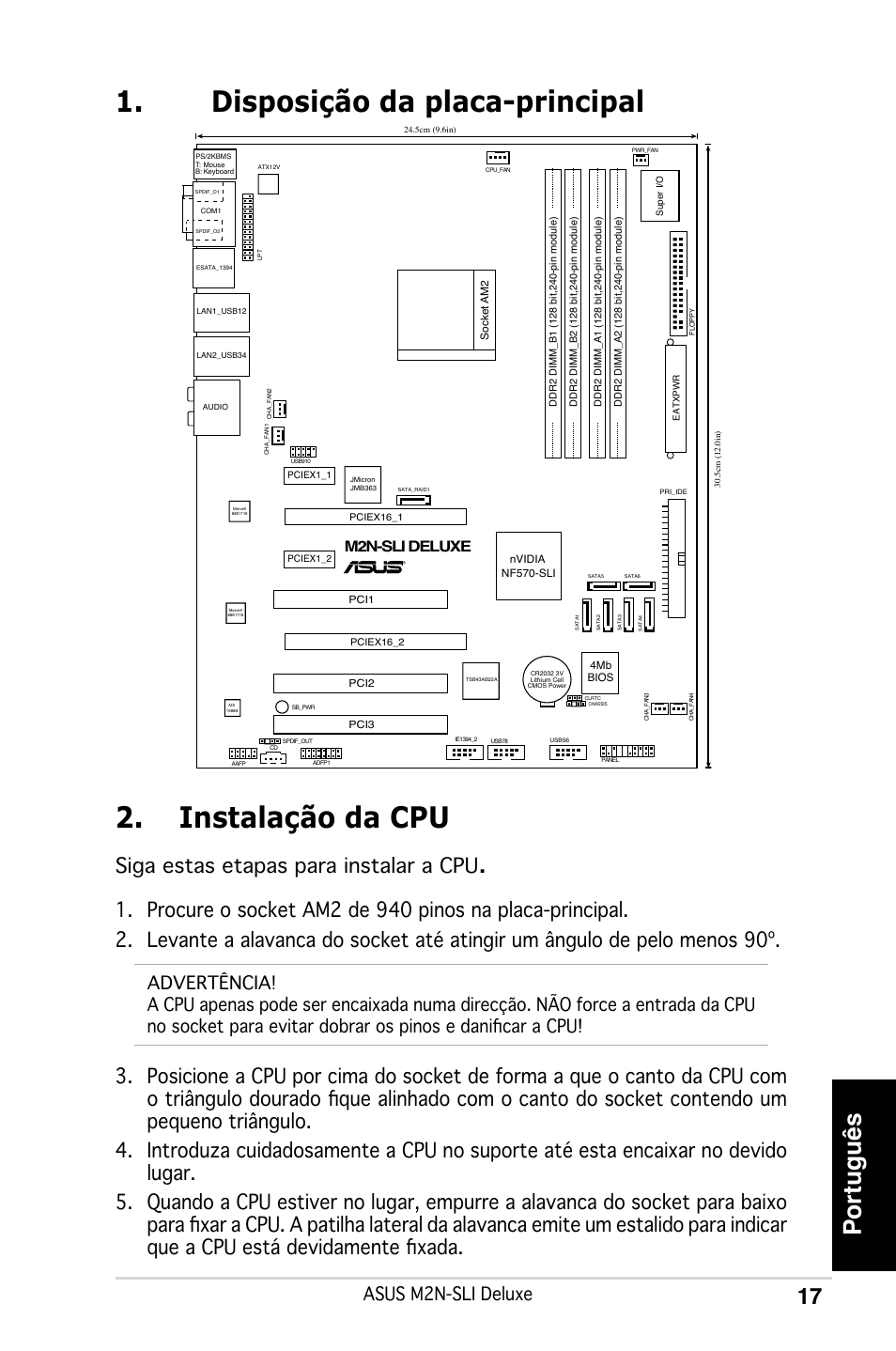 Disposição da placa-principal 2. instalação da cpu, Português, Siga estas etapas para instalar a cpu | Asus m2n-sli deluxe, M2n-sli deluxe | Asus M2N-SLI Deluxe User Manual | Page 21 / 41