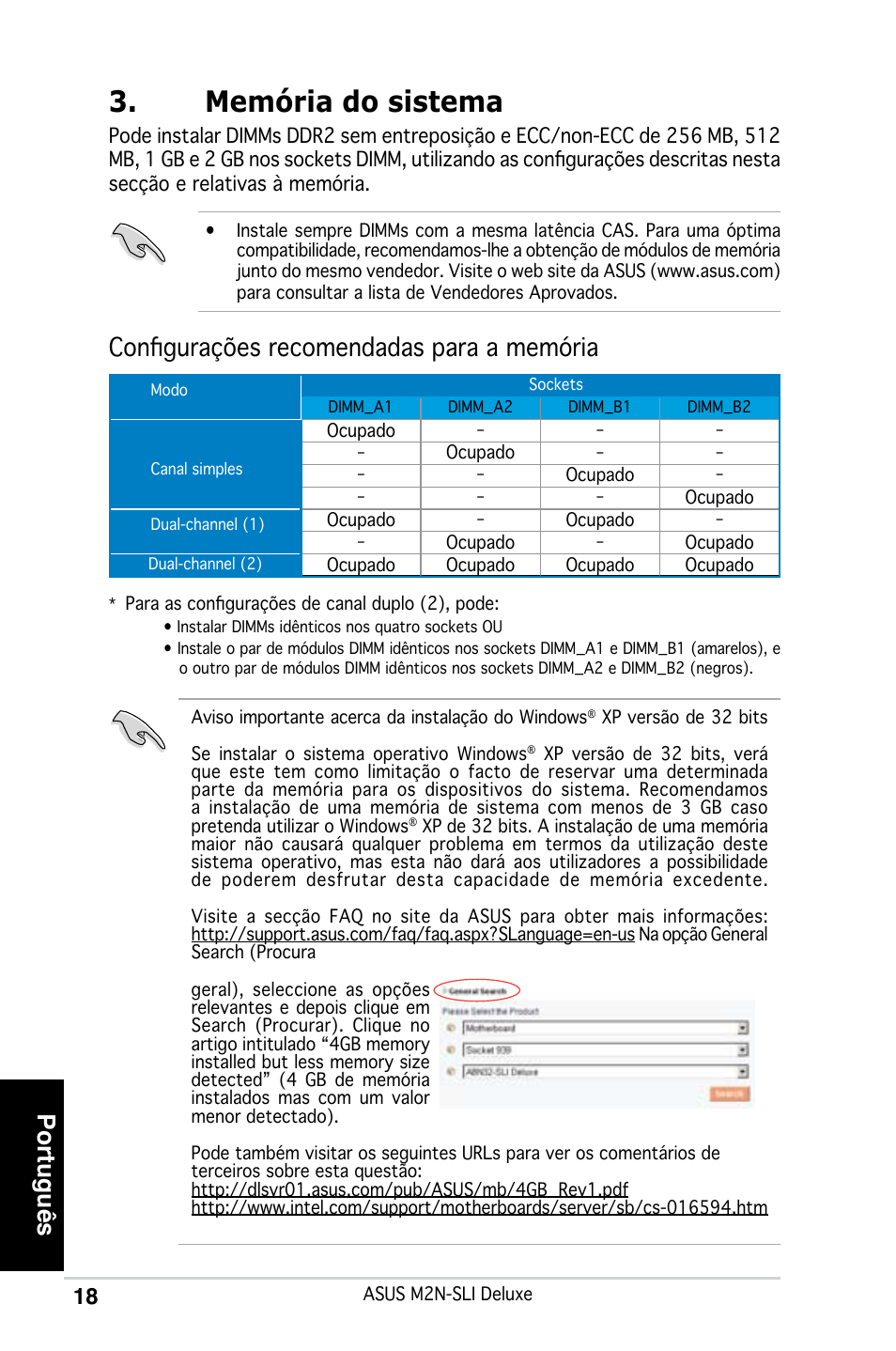 Memória do sistema, Português, Configurações recomendadas para a memória | Asus M2N-SLI Deluxe User Manual | Page 22 / 41