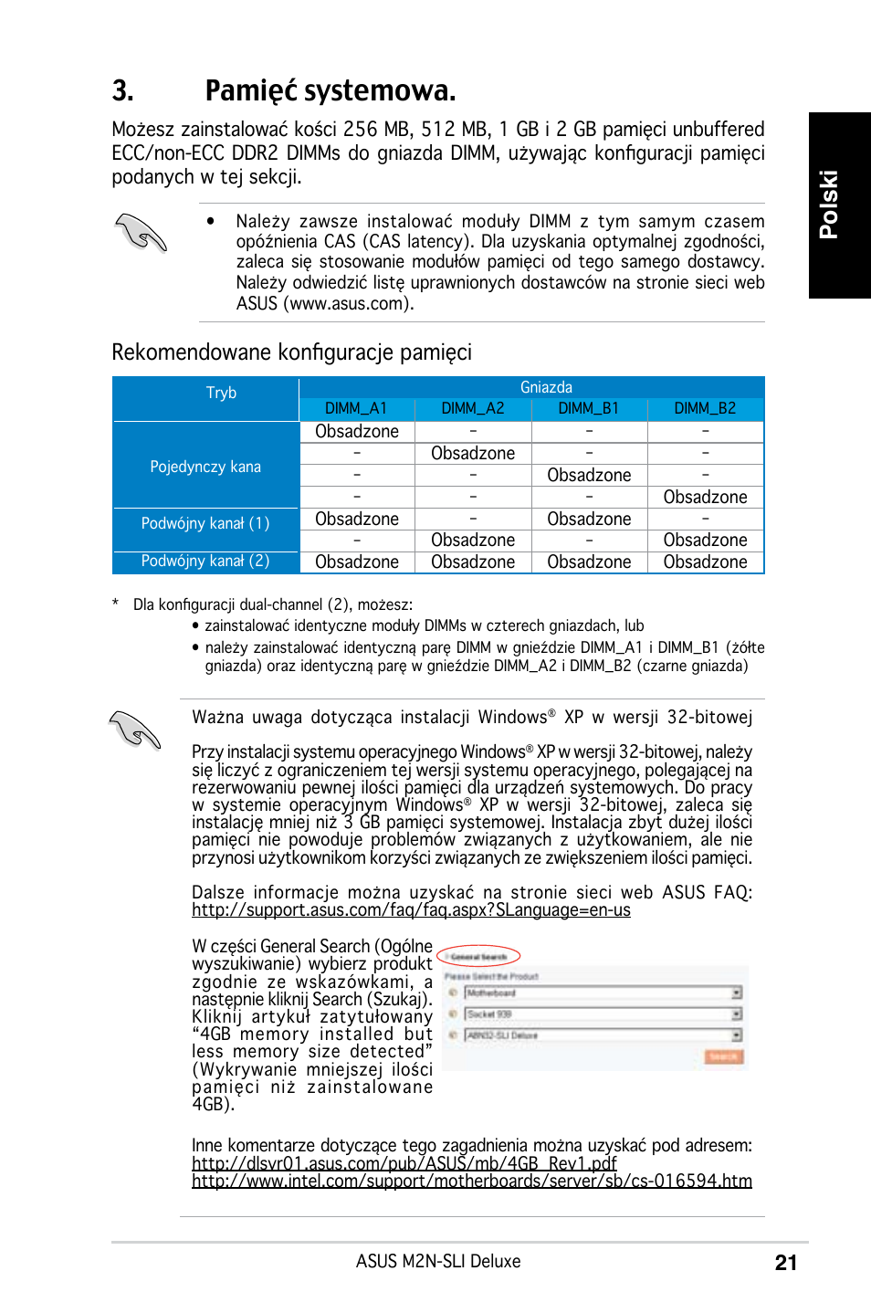 Pamięć systemowa, Polski, Rekomendowane konfiguracje pamięci | Asus M2N-SLI Deluxe User Manual | Page 25 / 41