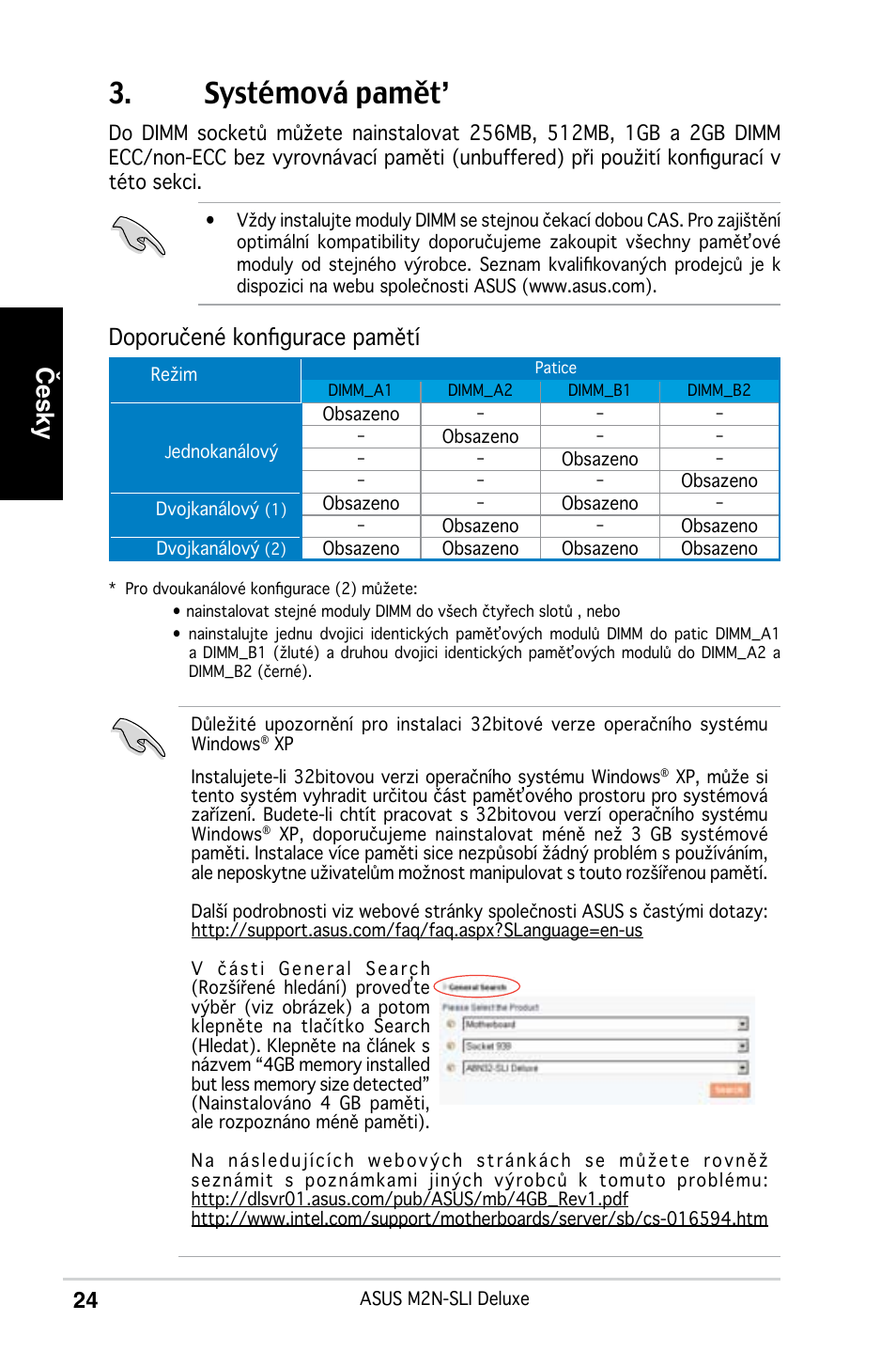 Systémová pamět, Česky, Doporučené konfigurace pamětí | Asus M2N-SLI Deluxe User Manual | Page 28 / 41