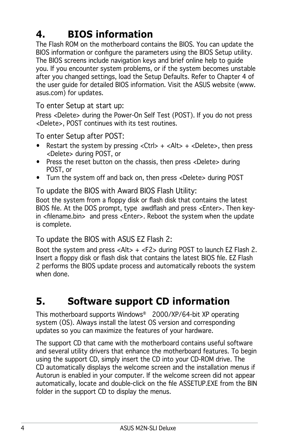 Bios information, Software support cd information | Asus M2N-SLI Deluxe User Manual | Page 4 / 41