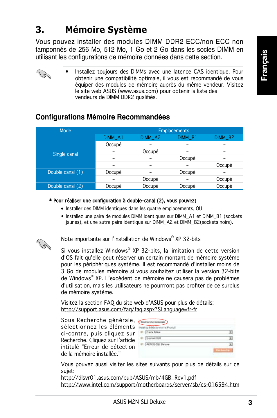 Mémoire système, Français, Configurations mémoire recommandées | Asus M2N-SLI Deluxe User Manual | Page 7 / 41