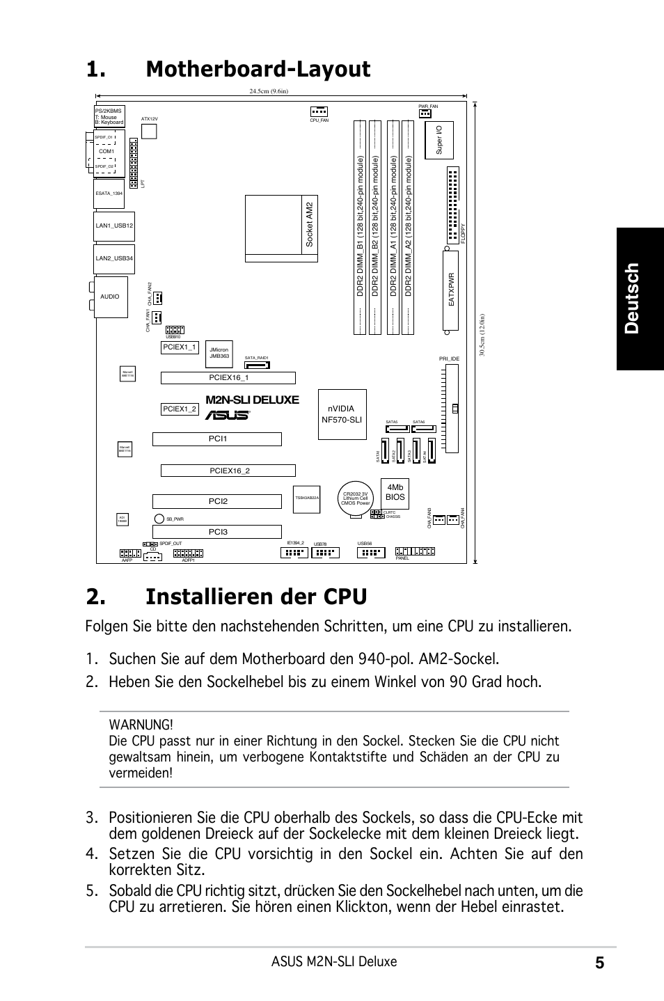 Motherboard-layout 2. installieren der cpu, Deutsch, Asus m2n-sli deluxe | M2n-sli deluxe | Asus M2N-SLI Deluxe User Manual | Page 9 / 41