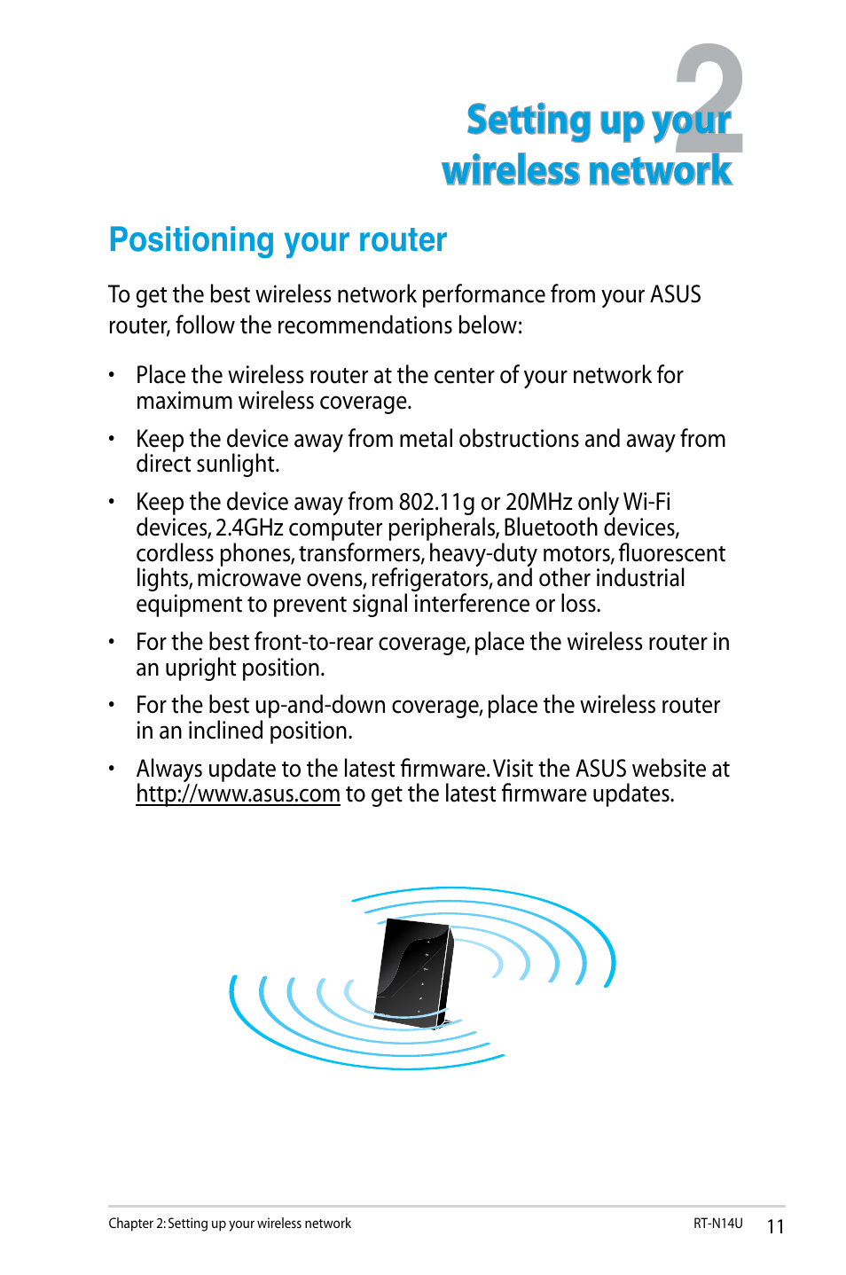 Positioning your router, Setting up your wireless network | Asus RT-N14U User Manual | Page 11 / 74
