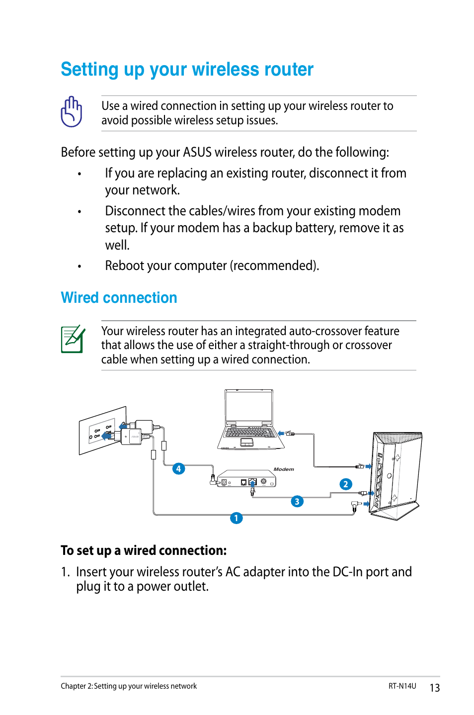 Setting up your wireless router, Wired connection | Asus RT-N14U User Manual | Page 13 / 74