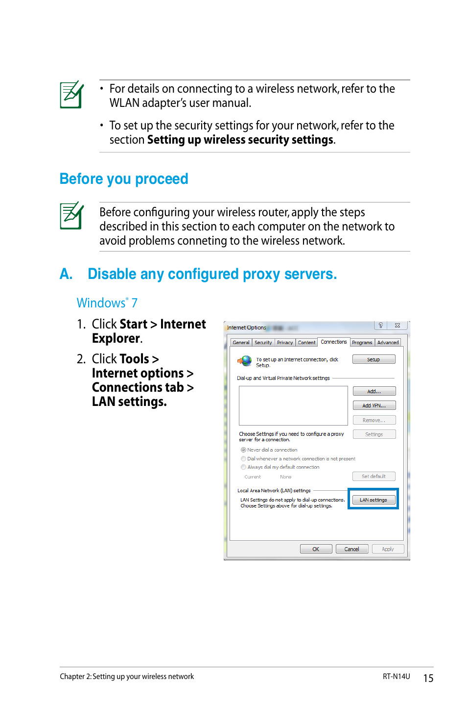 Before you proceed, A. disable any configured proxy servers | Asus RT-N14U User Manual | Page 15 / 74