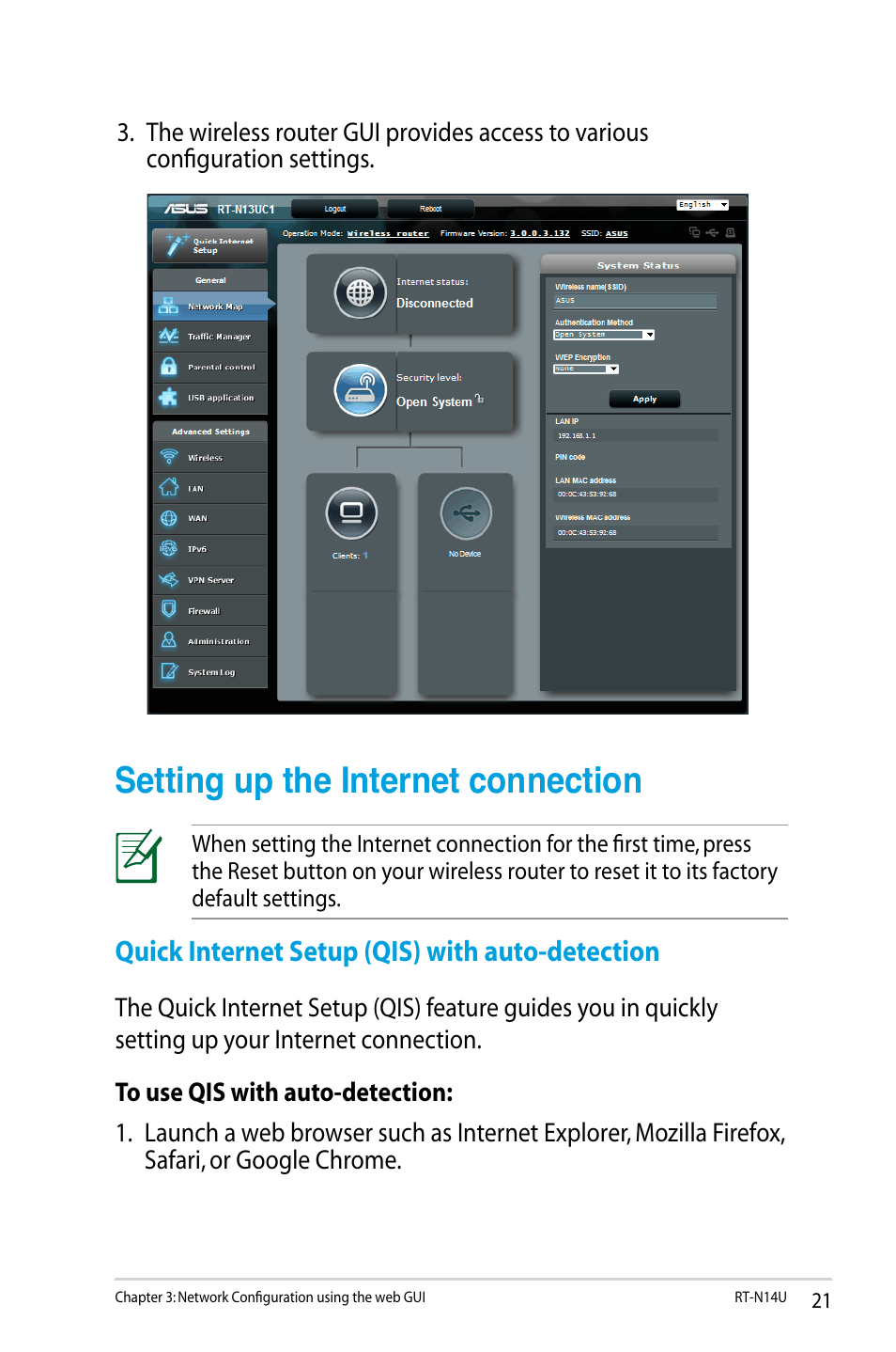 Setting up the internet connection, Quick internet setup (qis) with auto-detection | Asus RT-N14U User Manual | Page 21 / 74