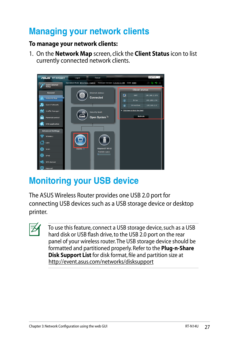 Managing your network clients, Monitoring your usb device | Asus RT-N14U User Manual | Page 27 / 74