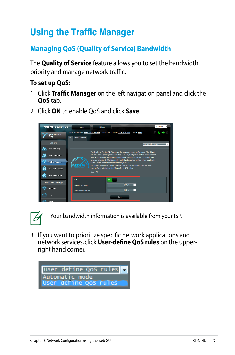 Using the traffic manager, Managing qos (quality of service) bandwidth | Asus RT-N14U User Manual | Page 31 / 74