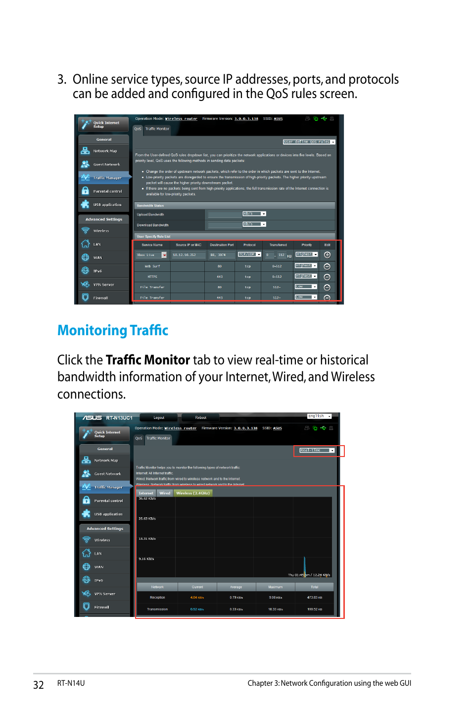 Monitoring traffic | Asus RT-N14U User Manual | Page 32 / 74