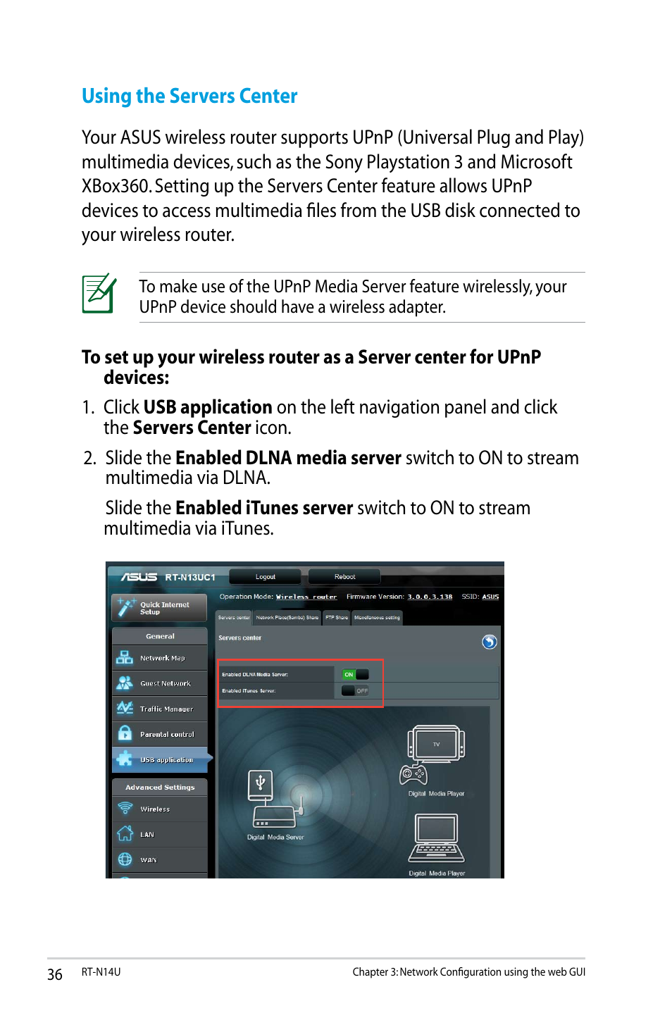 Using the servers center | Asus RT-N14U User Manual | Page 36 / 74