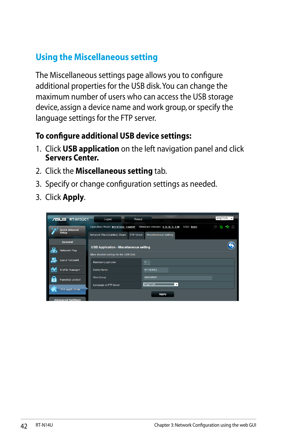 Using the miscellaneous setting | Asus RT-N14U User Manual | Page 42 / 74