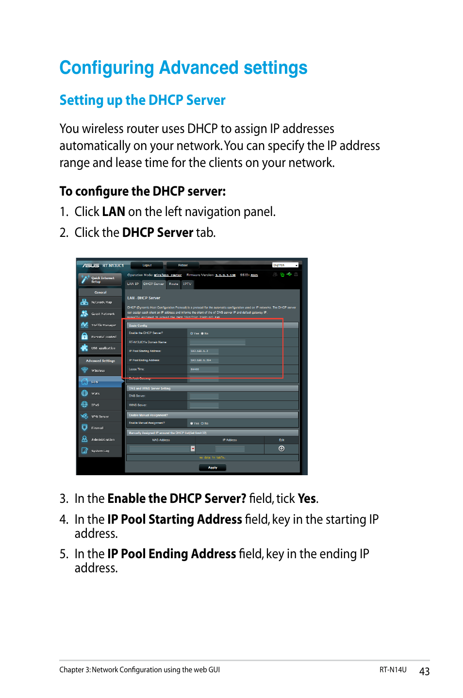 Configuring advanced settings, Setting up the dhcp server | Asus RT-N14U User Manual | Page 43 / 74