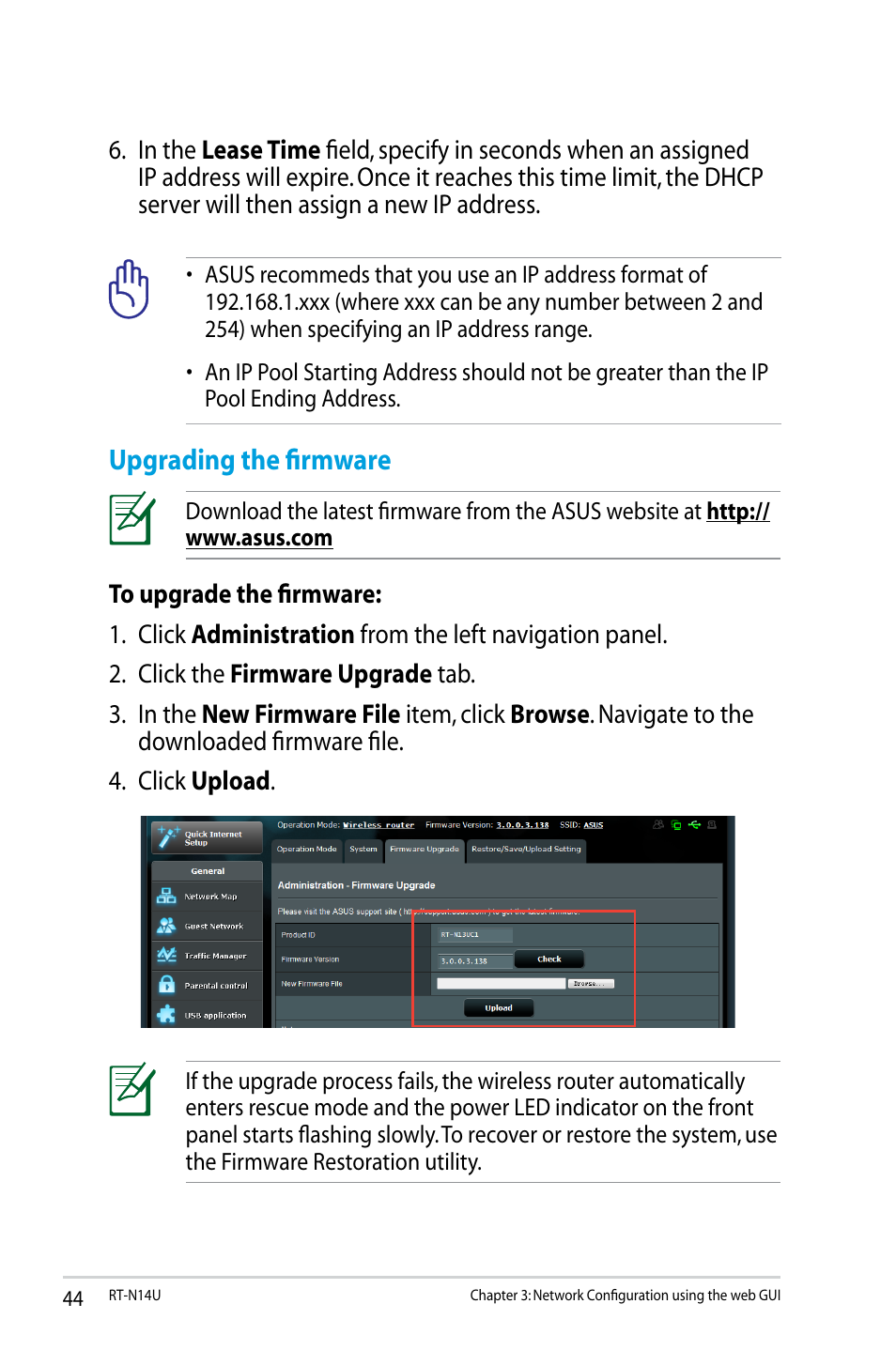 Upgrading the firmware | Asus RT-N14U User Manual | Page 44 / 74