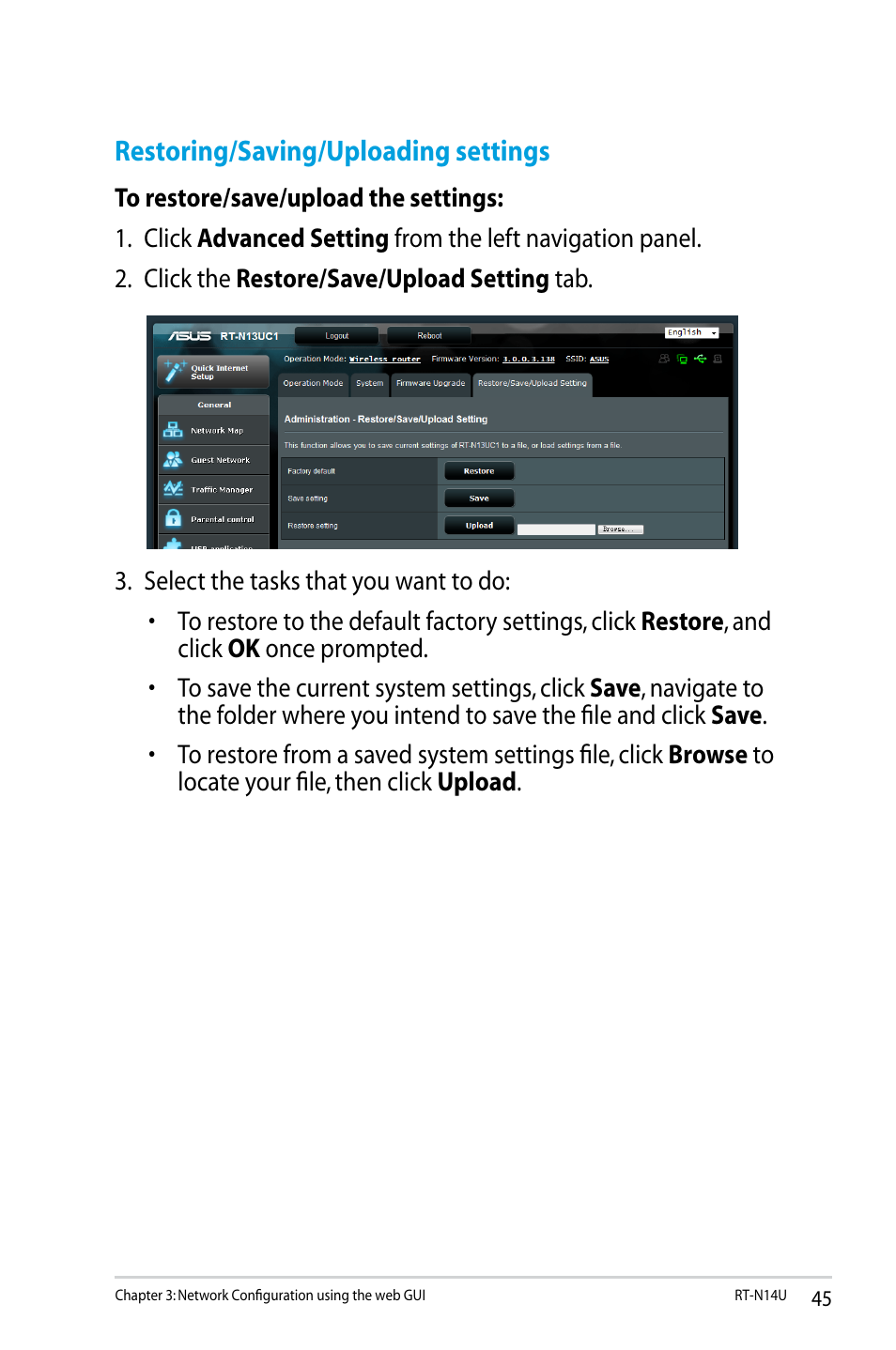 Restoring/saving/uploading settings | Asus RT-N14U User Manual | Page 45 / 74