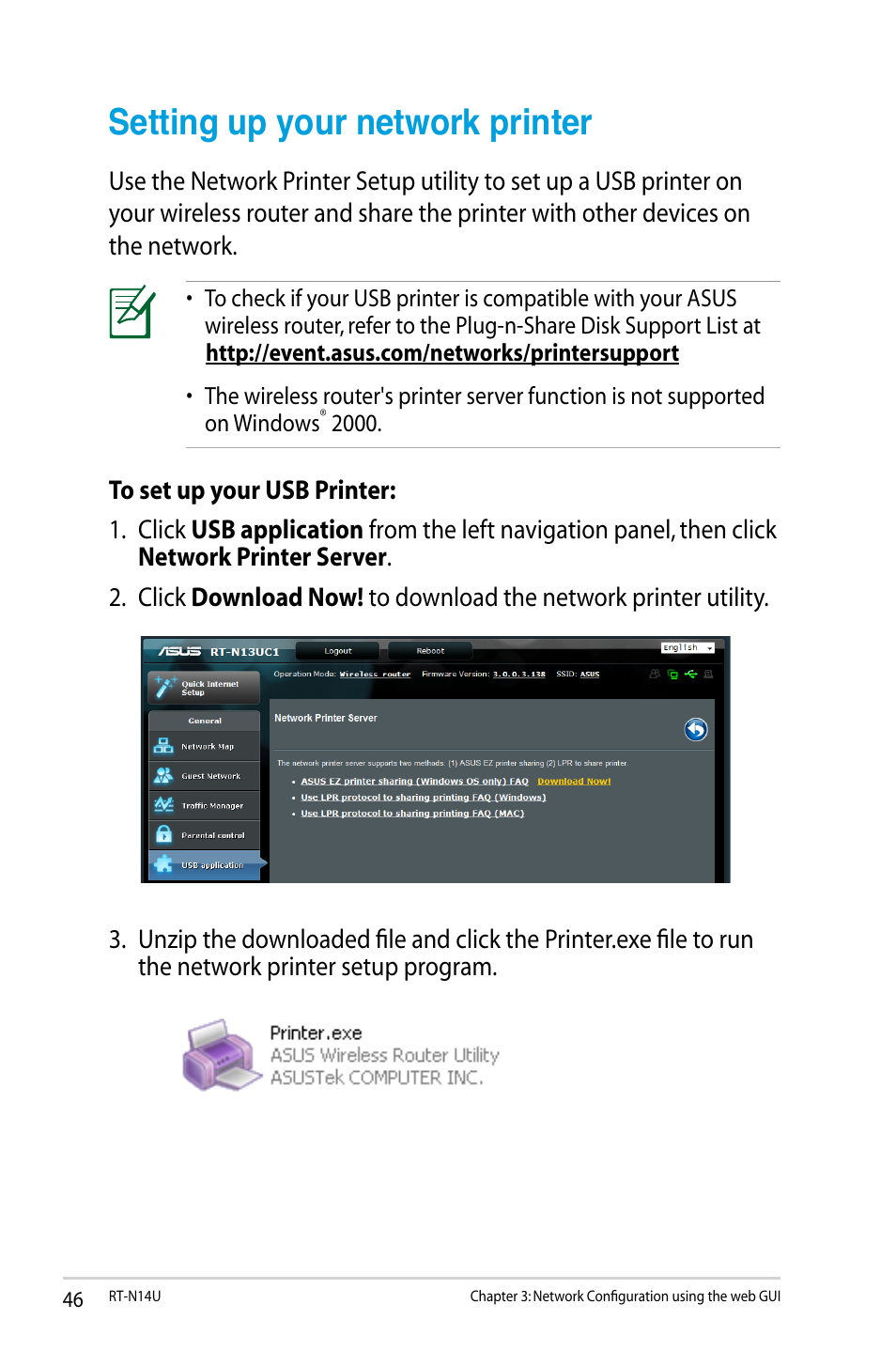 Setting up your network printer | Asus RT-N14U User Manual | Page 46 / 74